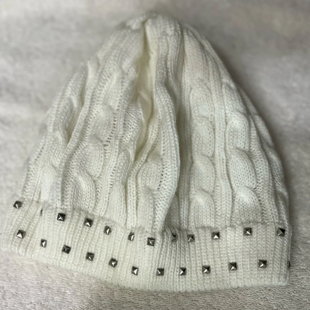 White Cable Knit Beanie Silver Studs Y2K Winter Hat One Size